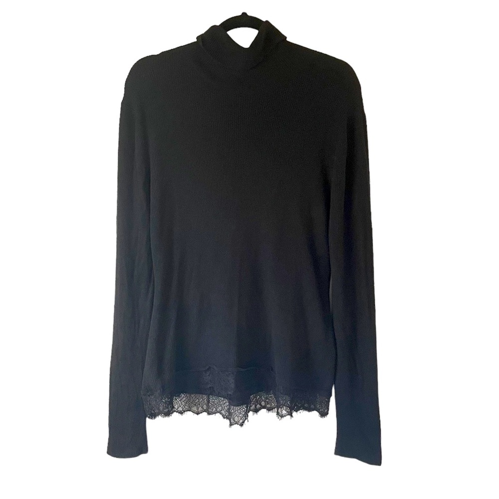 T Tahari black tunic turtle neck lace trimmed sweater top size extra large